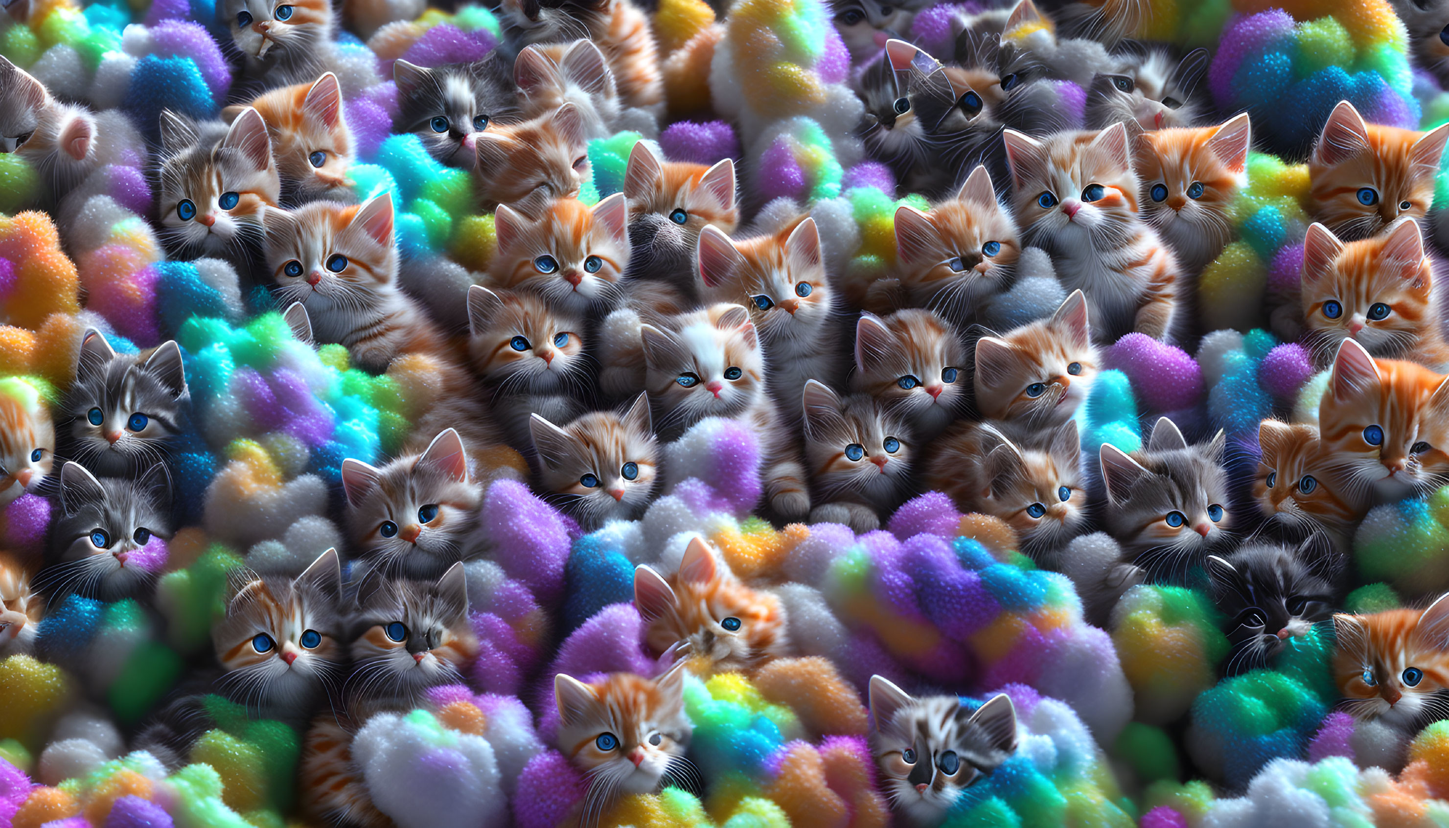 Realistic kittens and colorful pom-poms create vibrant texture