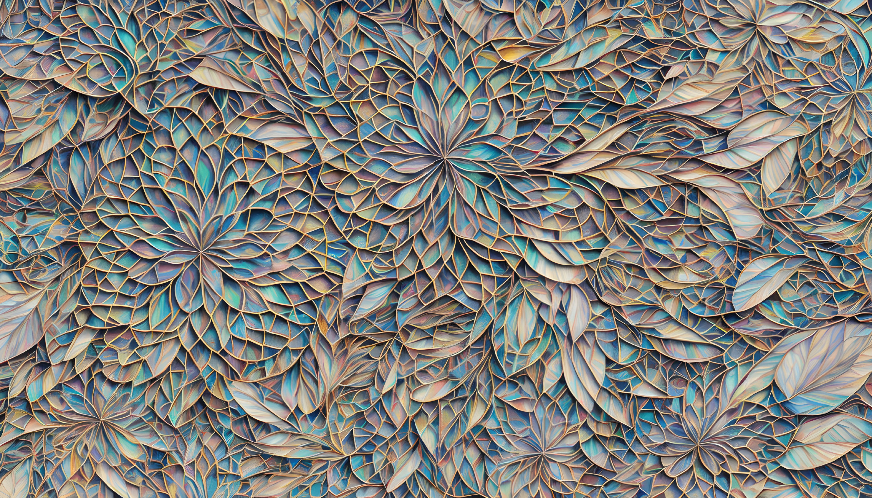 Detailed Digital Artwork: Overlapping Organic Floral Patterns in Blue and Bronze