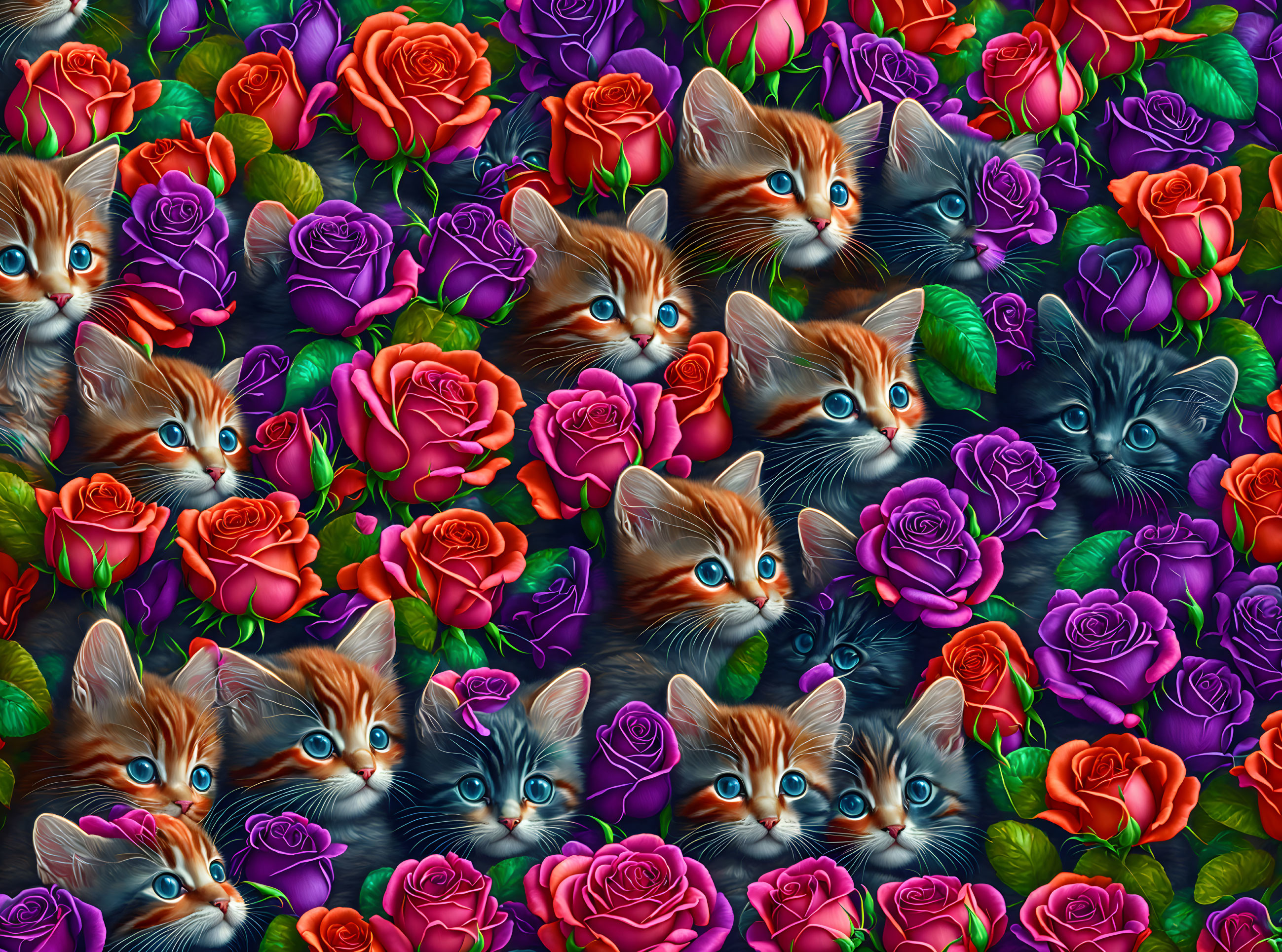 Colorful Kittens and Roses Pattern Design