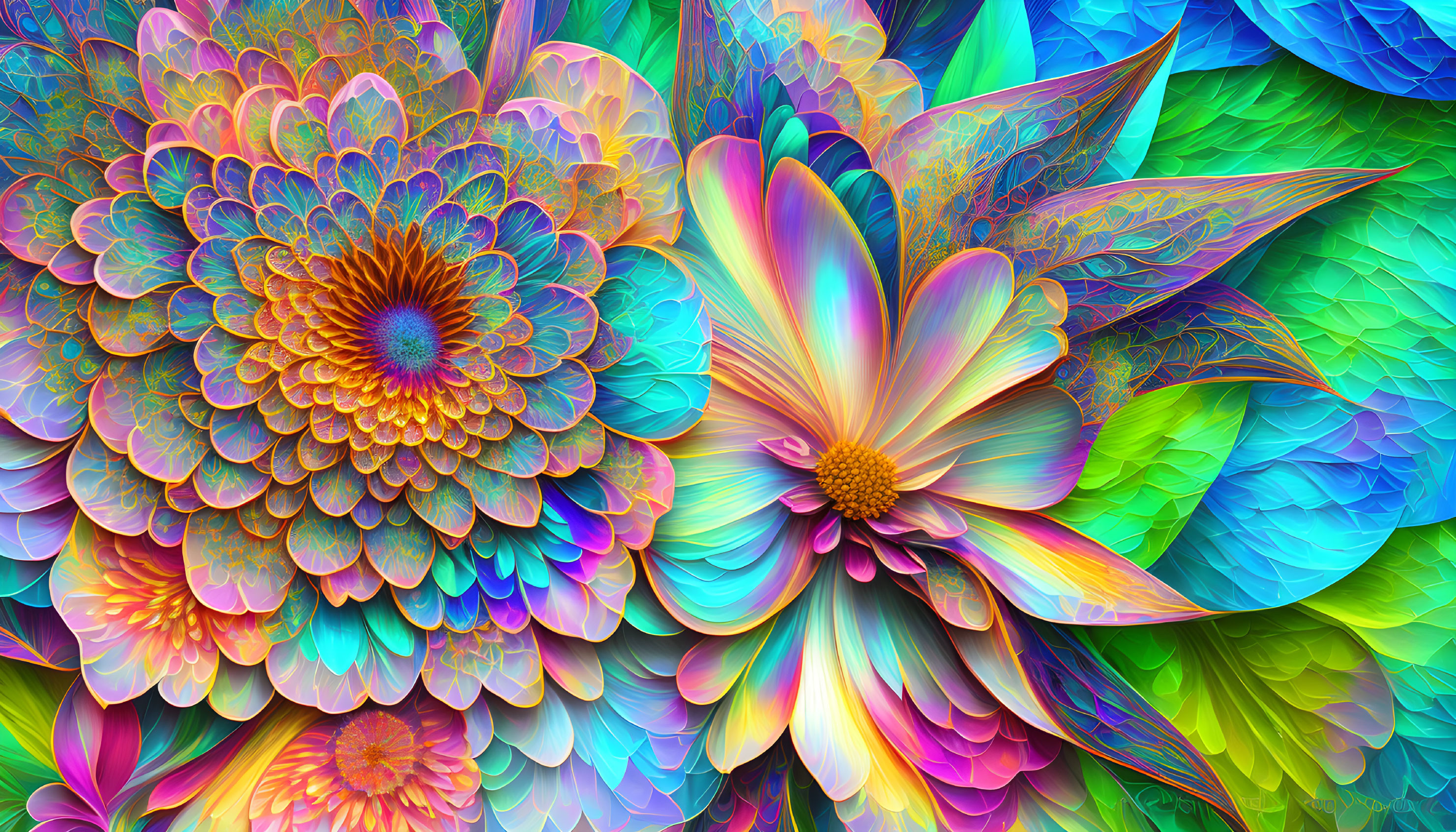Colorful layered fractal flowers and leaves with kaleidoscopic patterns