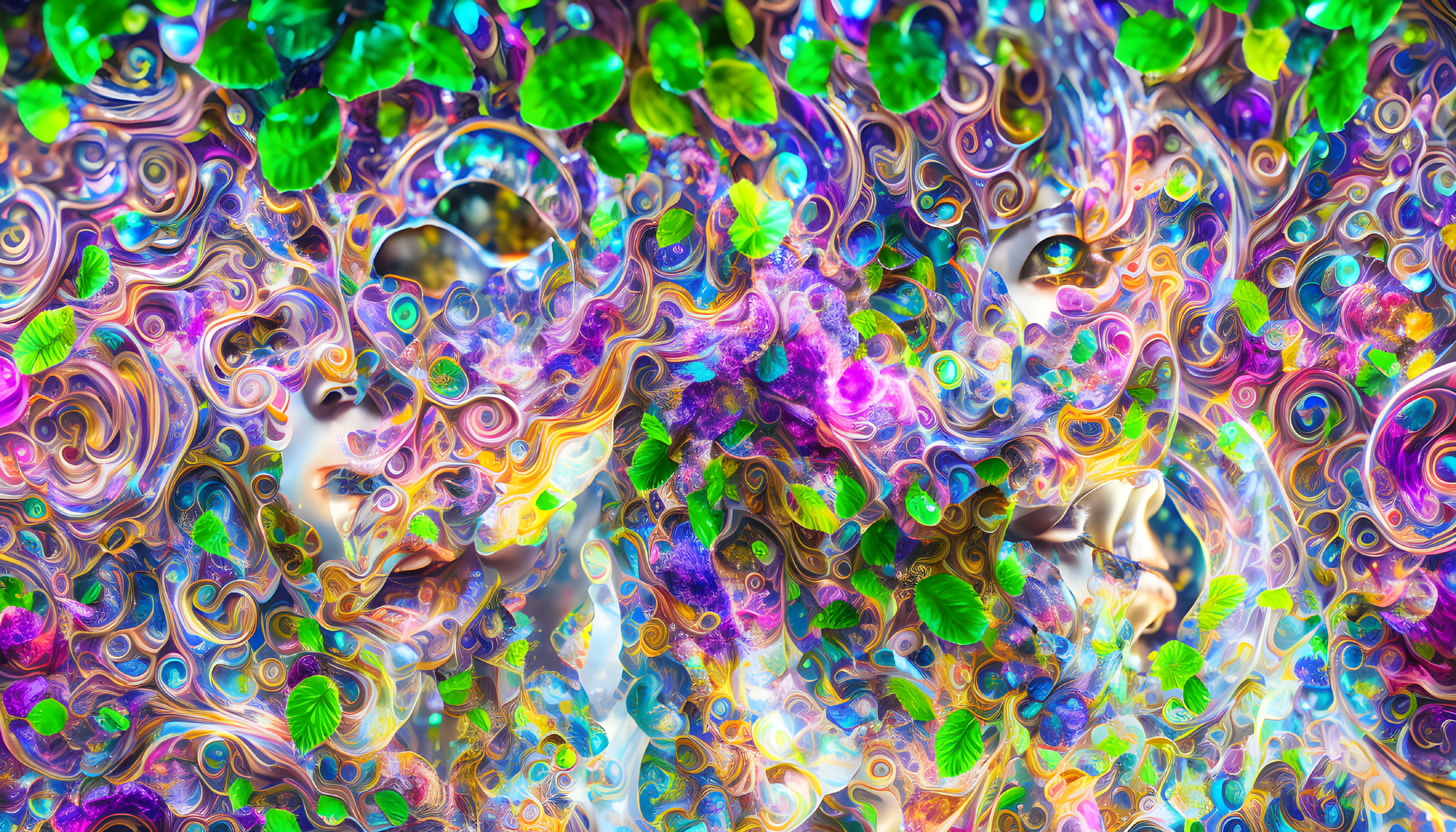 Colorful psychedelic swirls and patterns with natural elements in abstract art