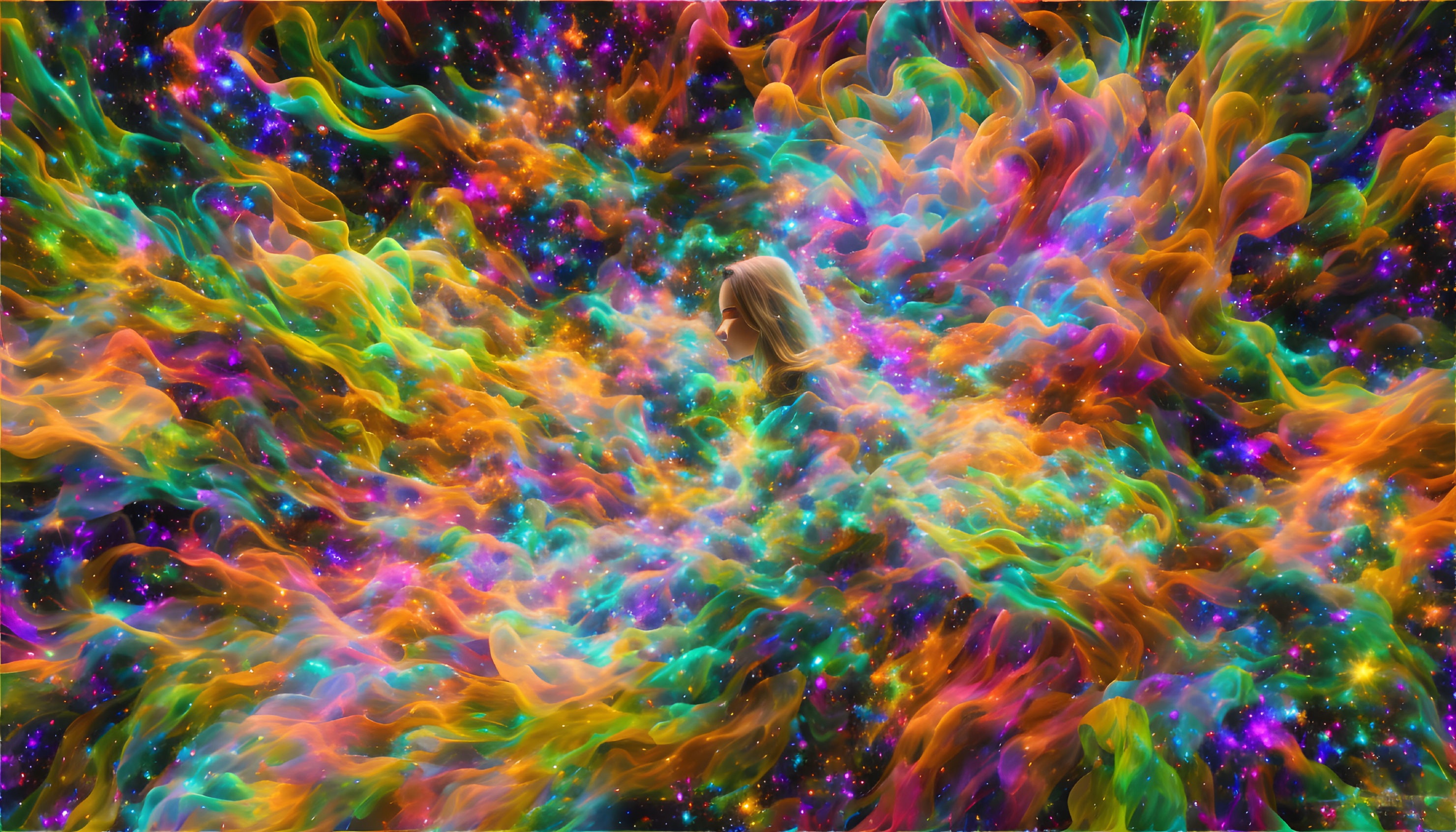 Abstract cosmic nebula with swirling colors and star-like particles