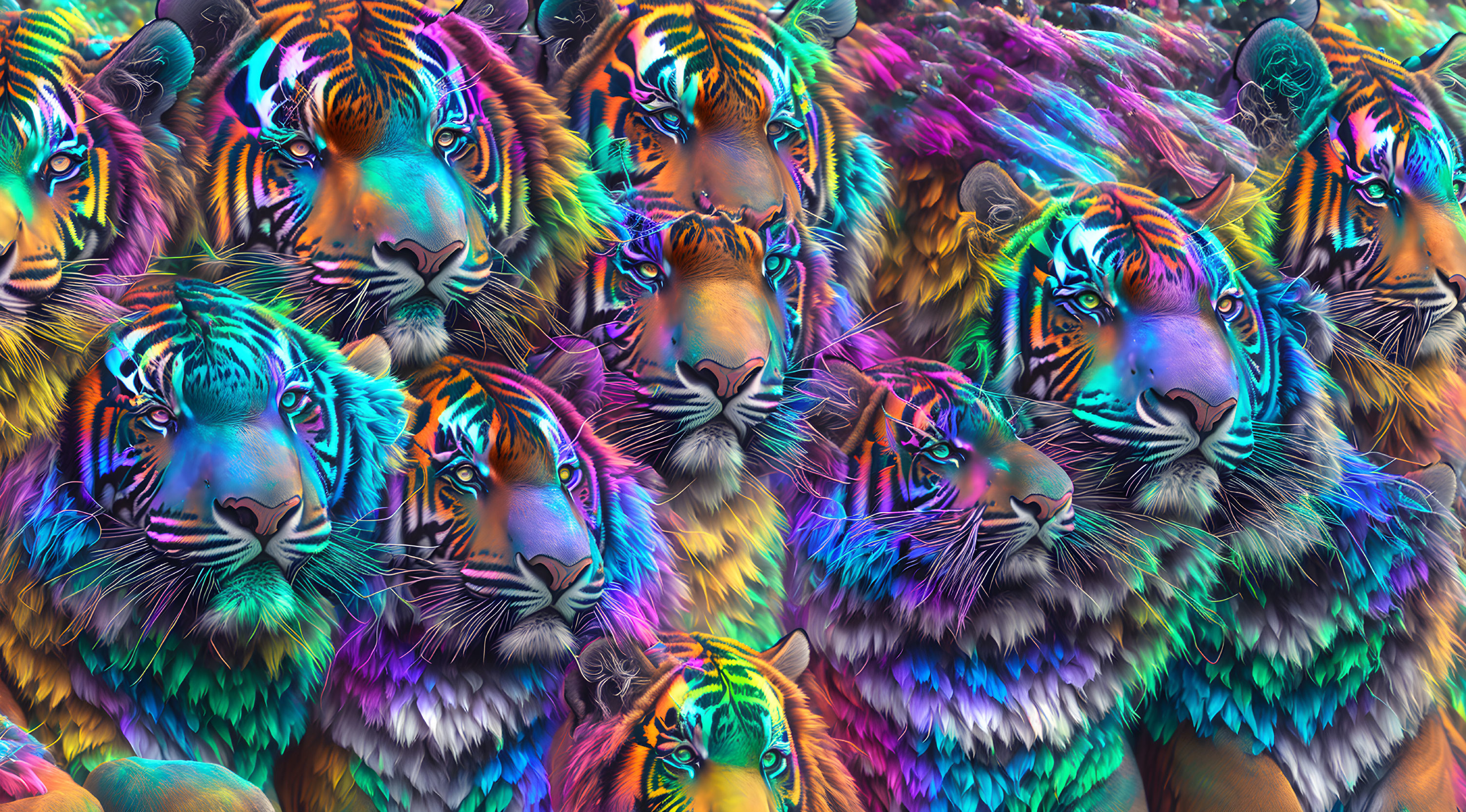 Colorful Psychedelic Tiger Face Artwork with Rainbow Iridescent Effect