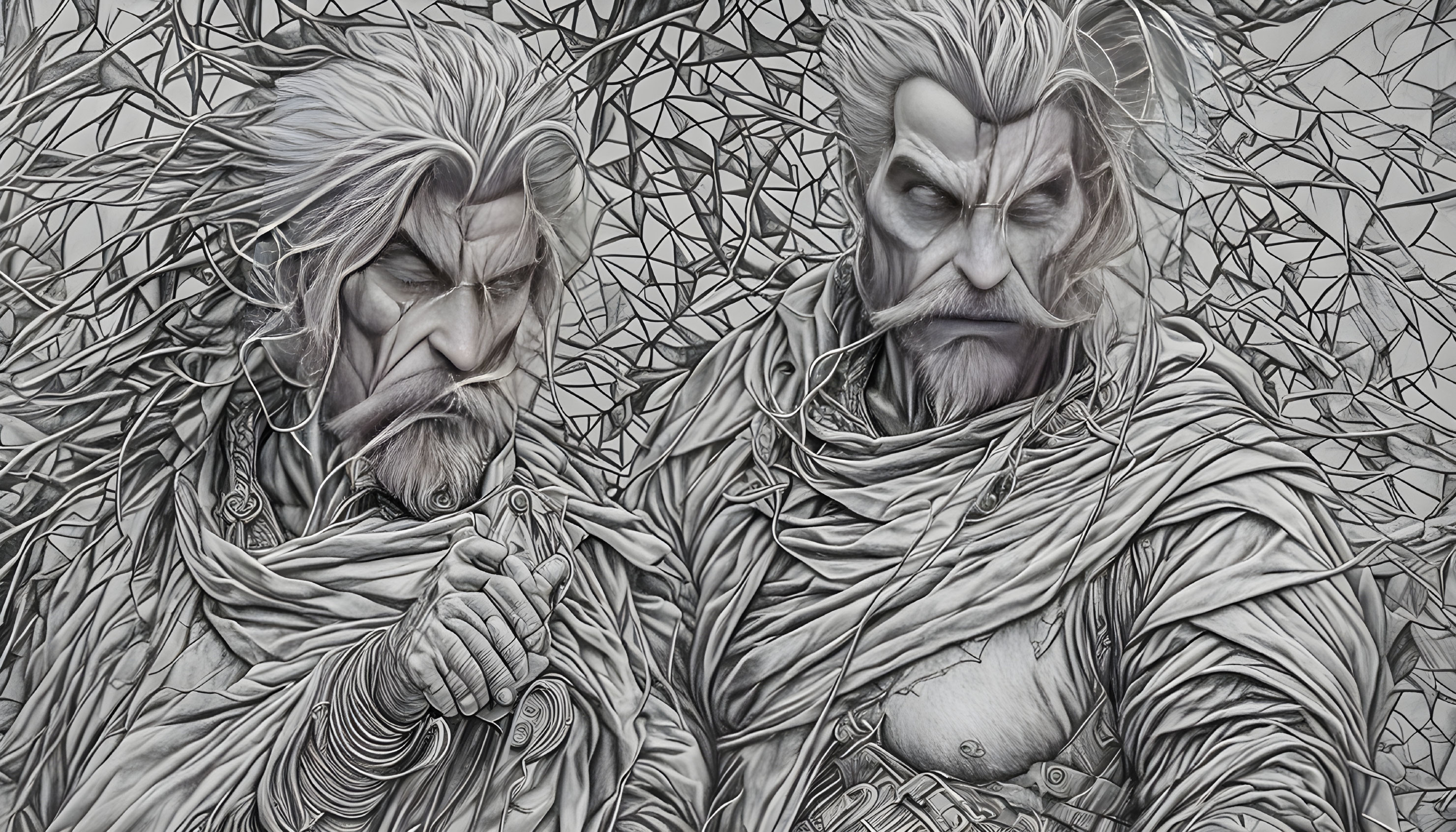 Detailed Monochrome Fantasy Characters in Geometric Background