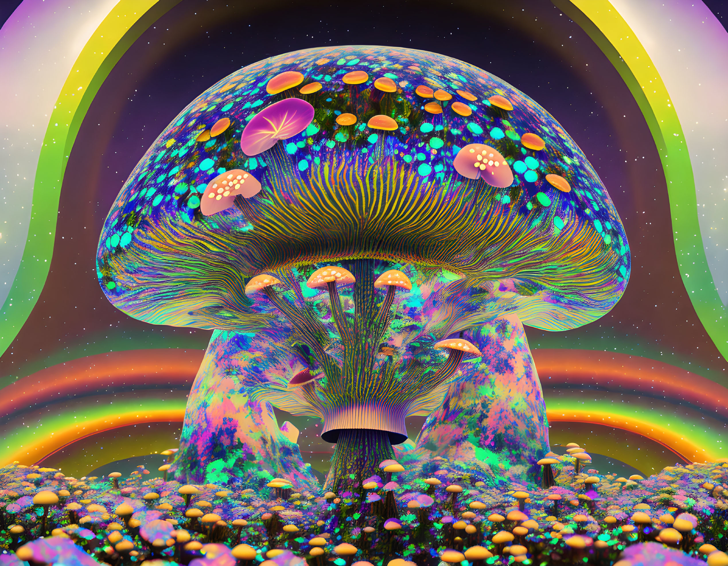 Colorful psychedelic mushroom art with glowing rainbow halos