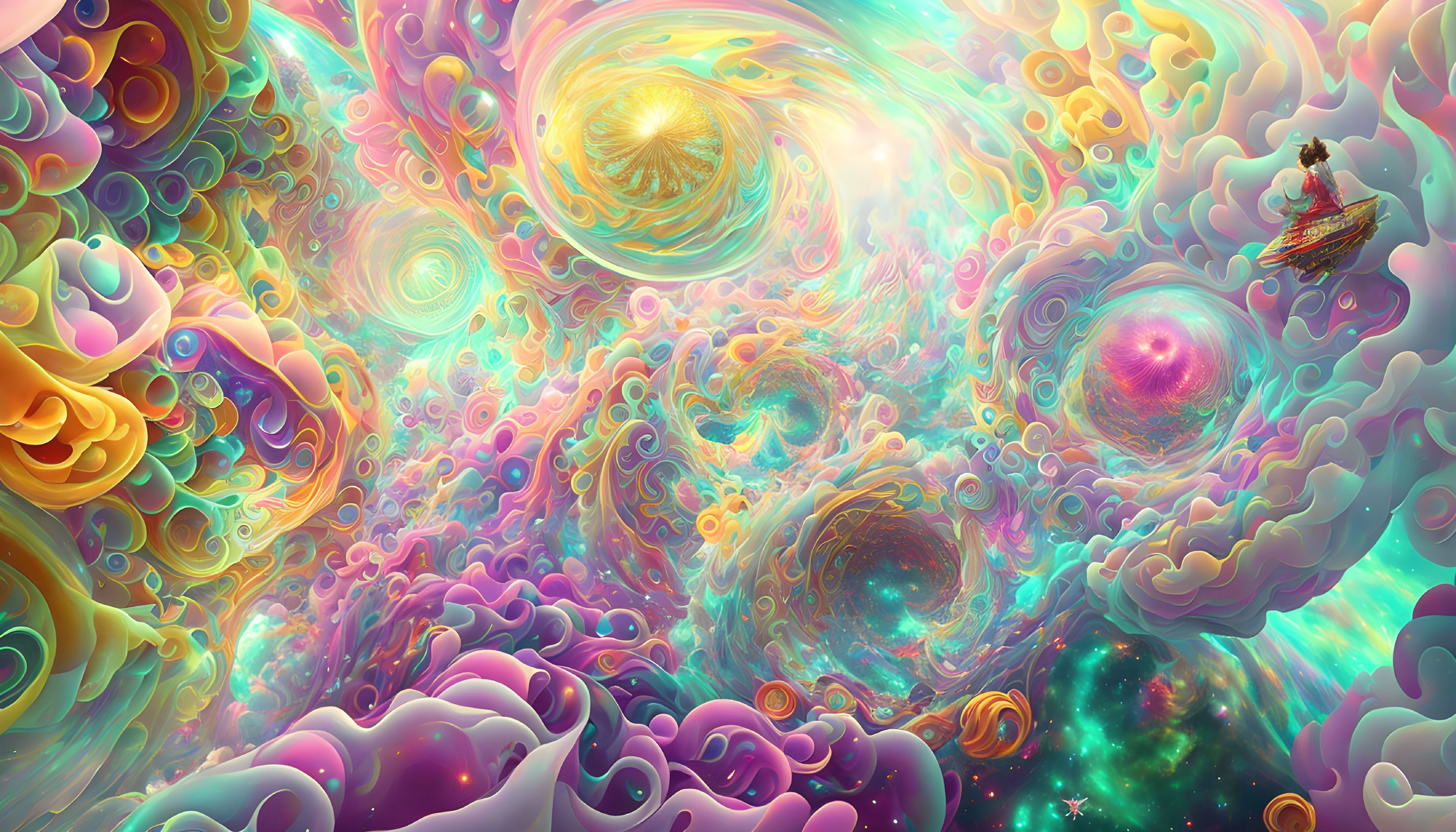 Colorful Psychedelic Landscape with Swirls, Orbs, and Figure on Boat