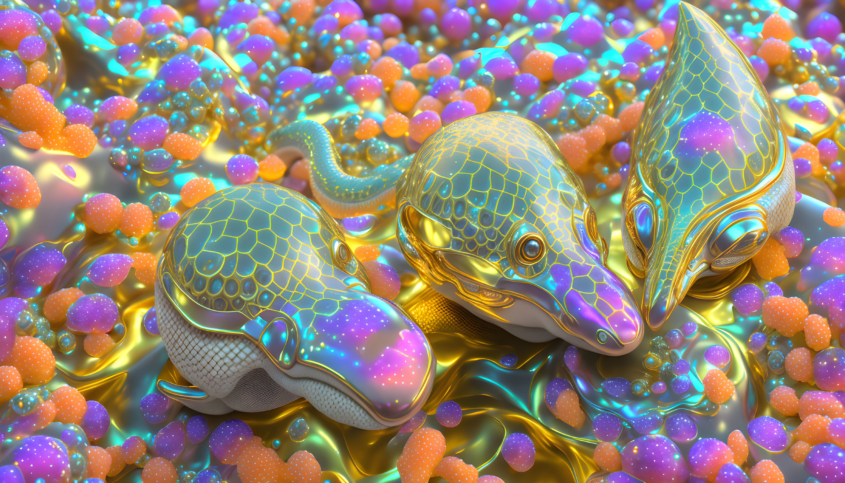 Metallic snake-like creatures with intricate patterns in a field of colorful spheres on a shiny golden surface.