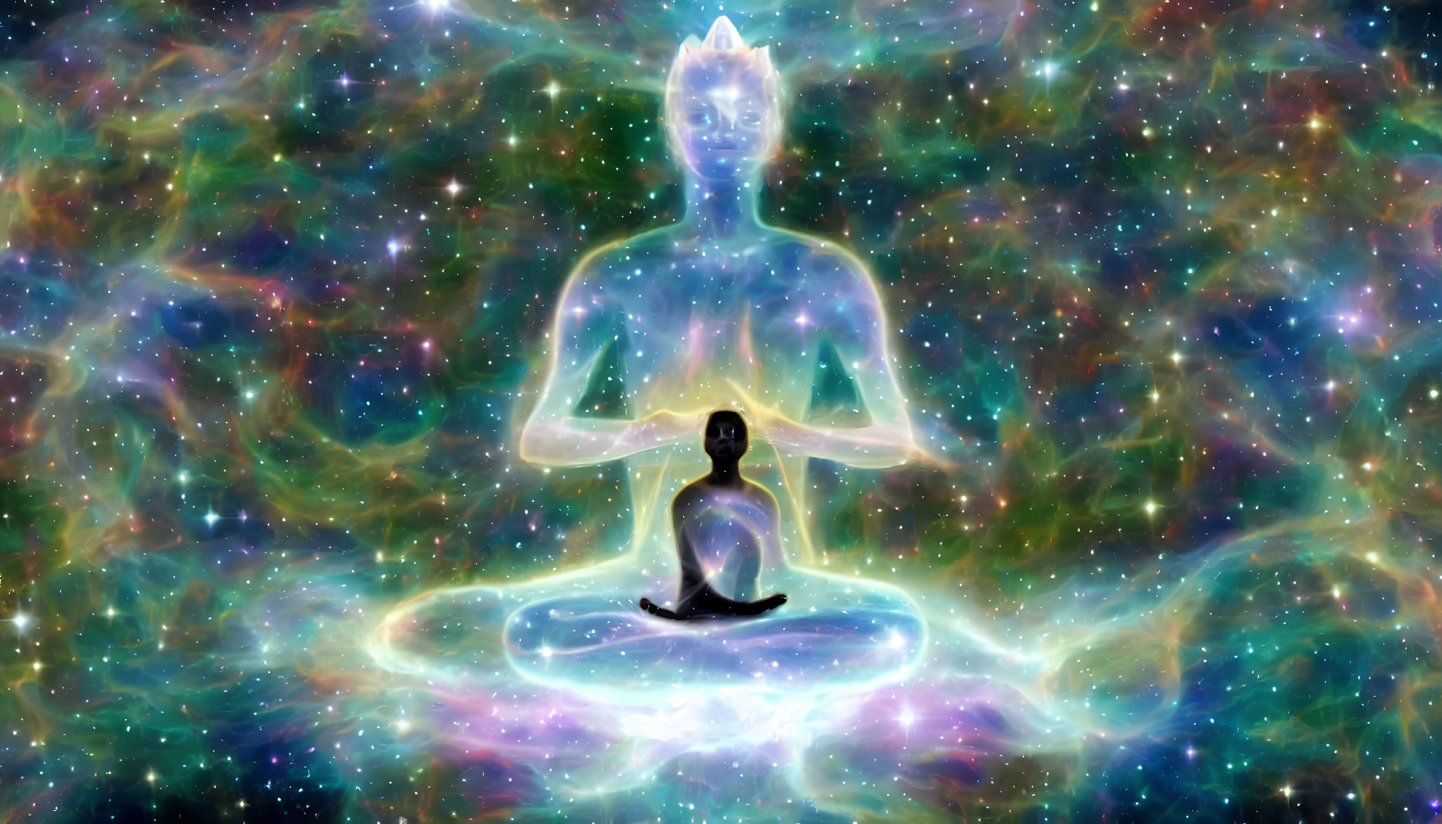 Digital Artwork: Person Meditating Surrounded by Glowing Rings