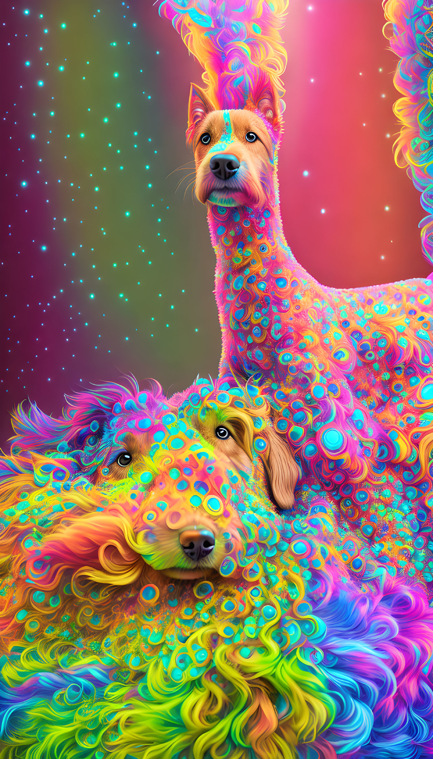 Colorful Psychedelic Dog Artwork on Starry Background