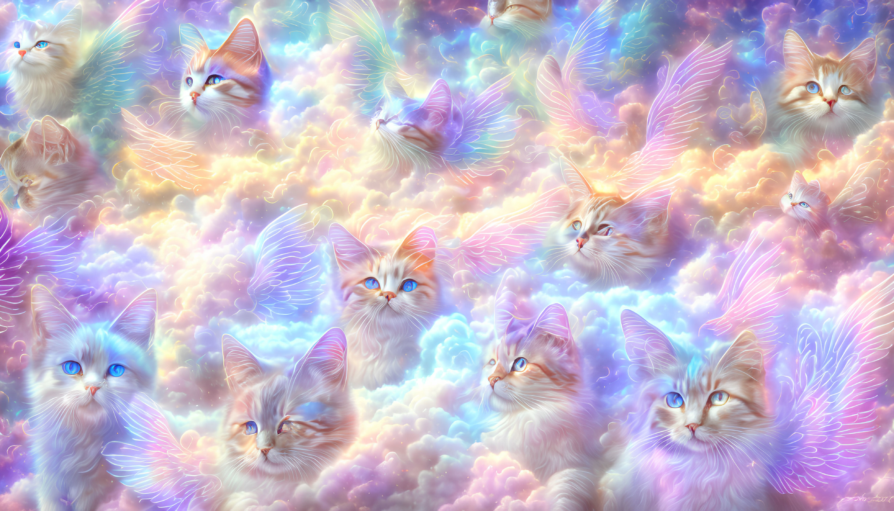 Fantasy illustration of winged cats in dreamy sky