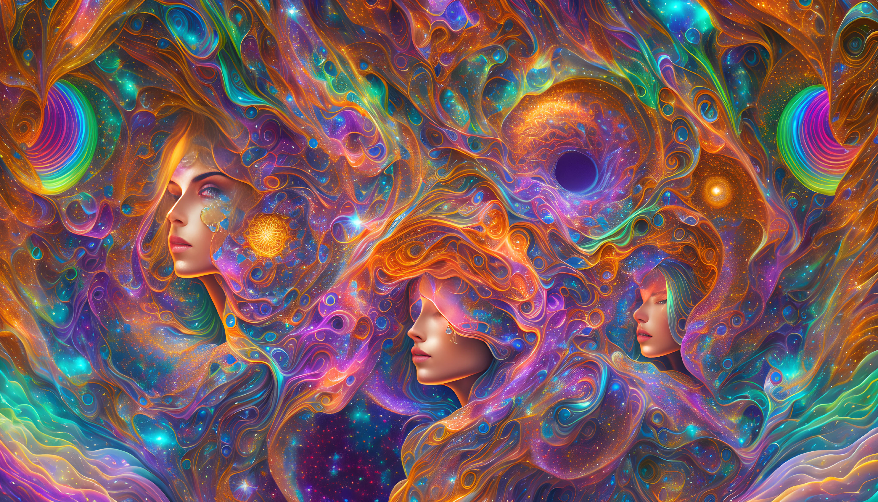 Colorful psychedelic artwork with multiple female faces in cosmic patterns