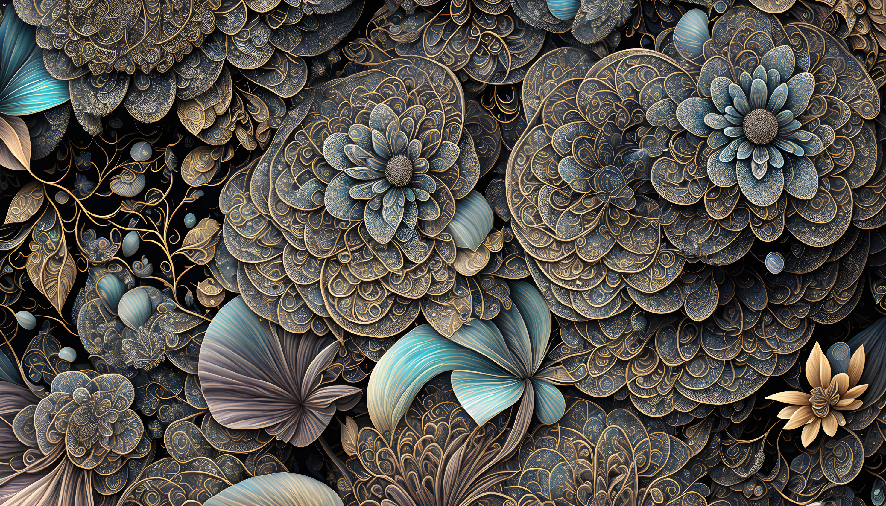 Layered Floral and Mandala Digital Artwork with Dark Hues and Golden Accents