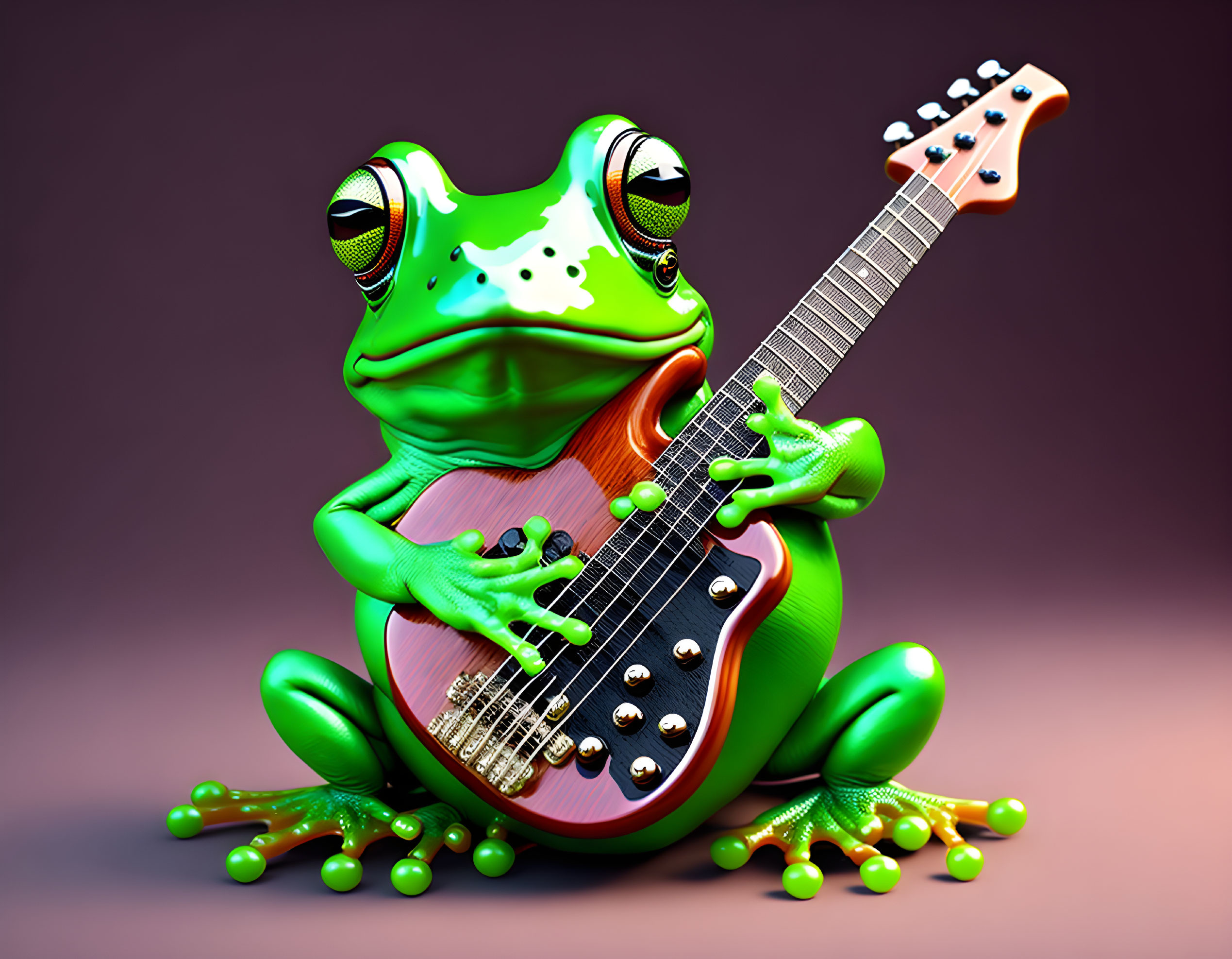 Green Frog Playing Red Electric Guitar in 3D Render