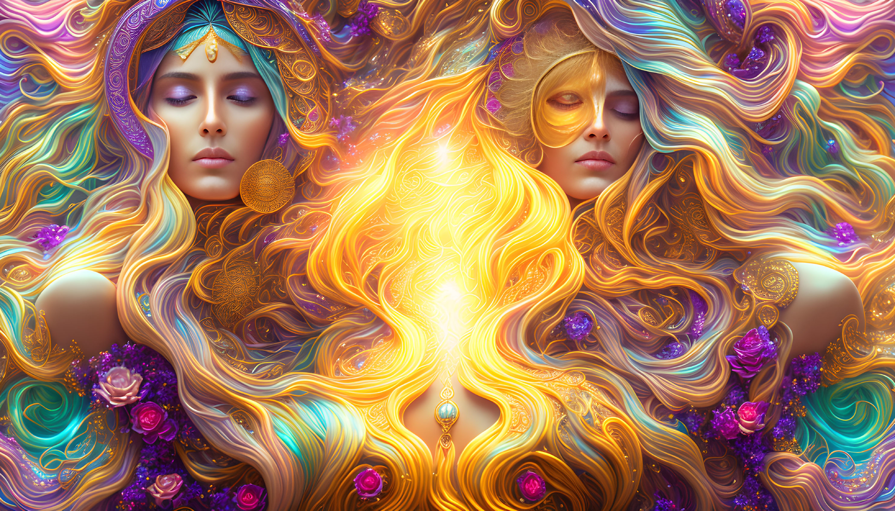 Ethereal women with ornate headdresses intertwine around glowing flame motif