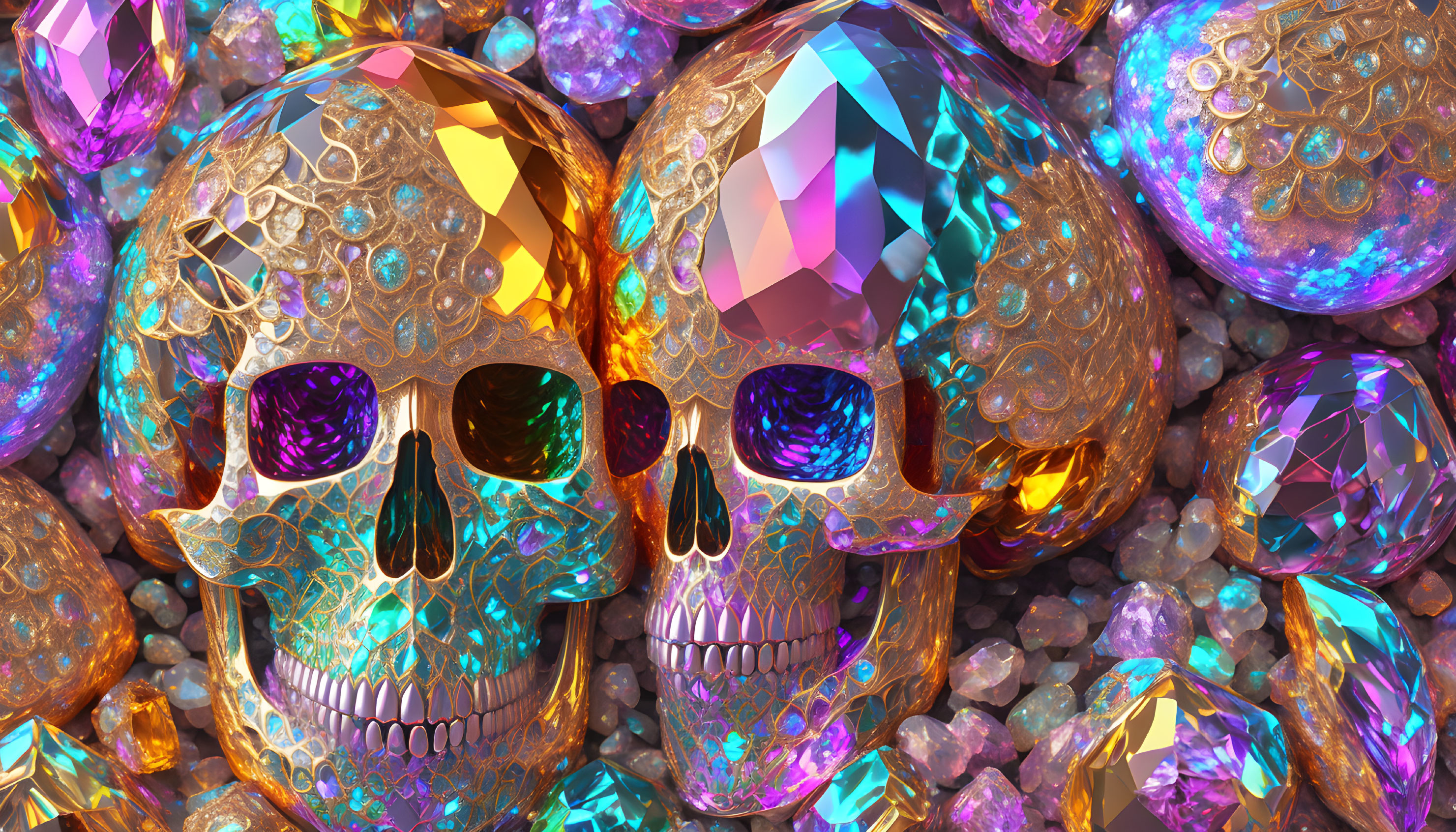 Digital artwork: Two golden skulls surrounded by colorful gemstones