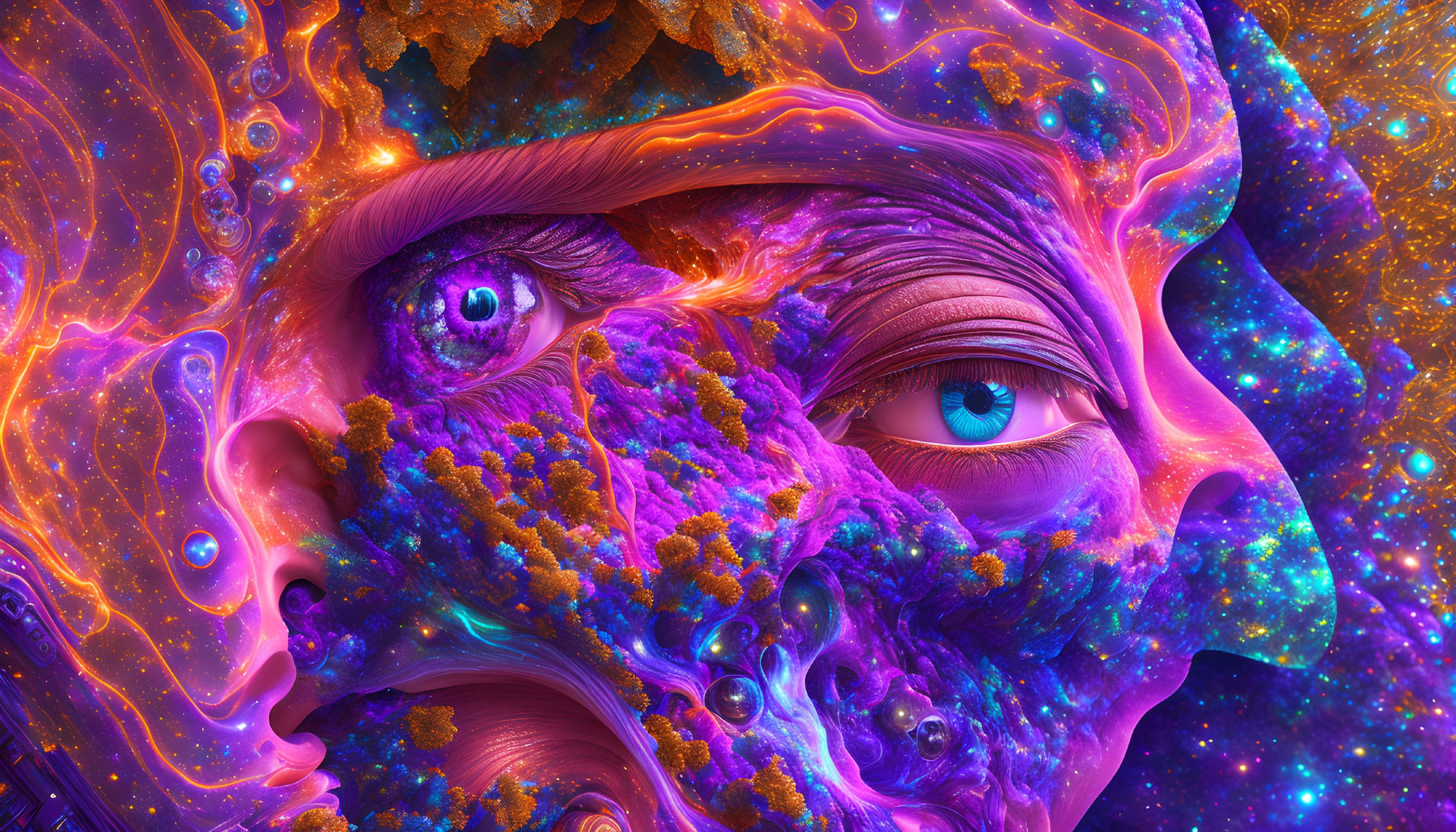 Colorful psychedelic portrait merging human face with cosmic and fractal elements