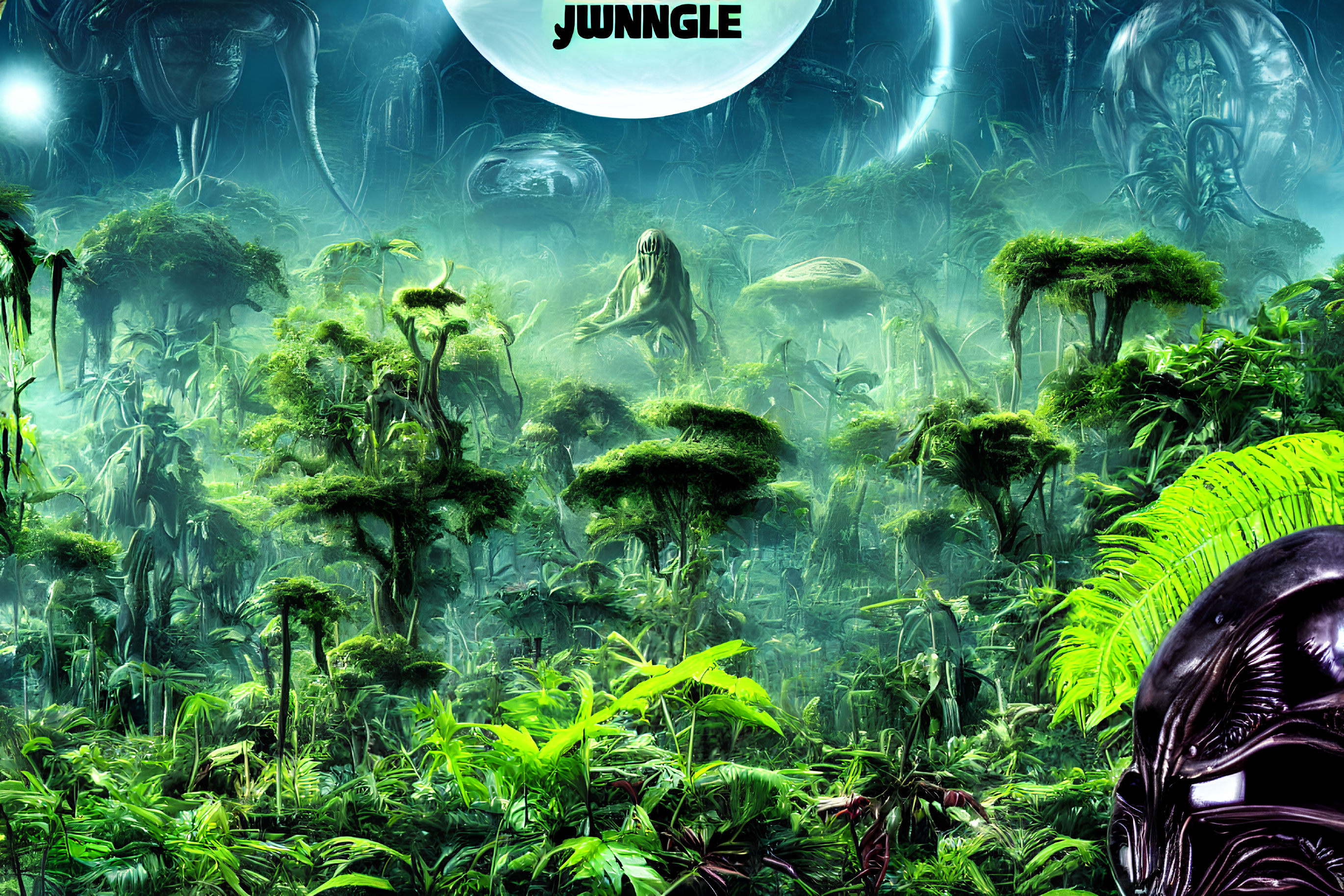 Detailed digital art: Dense futuristic jungle with alien structures and vegetation under a large moon.