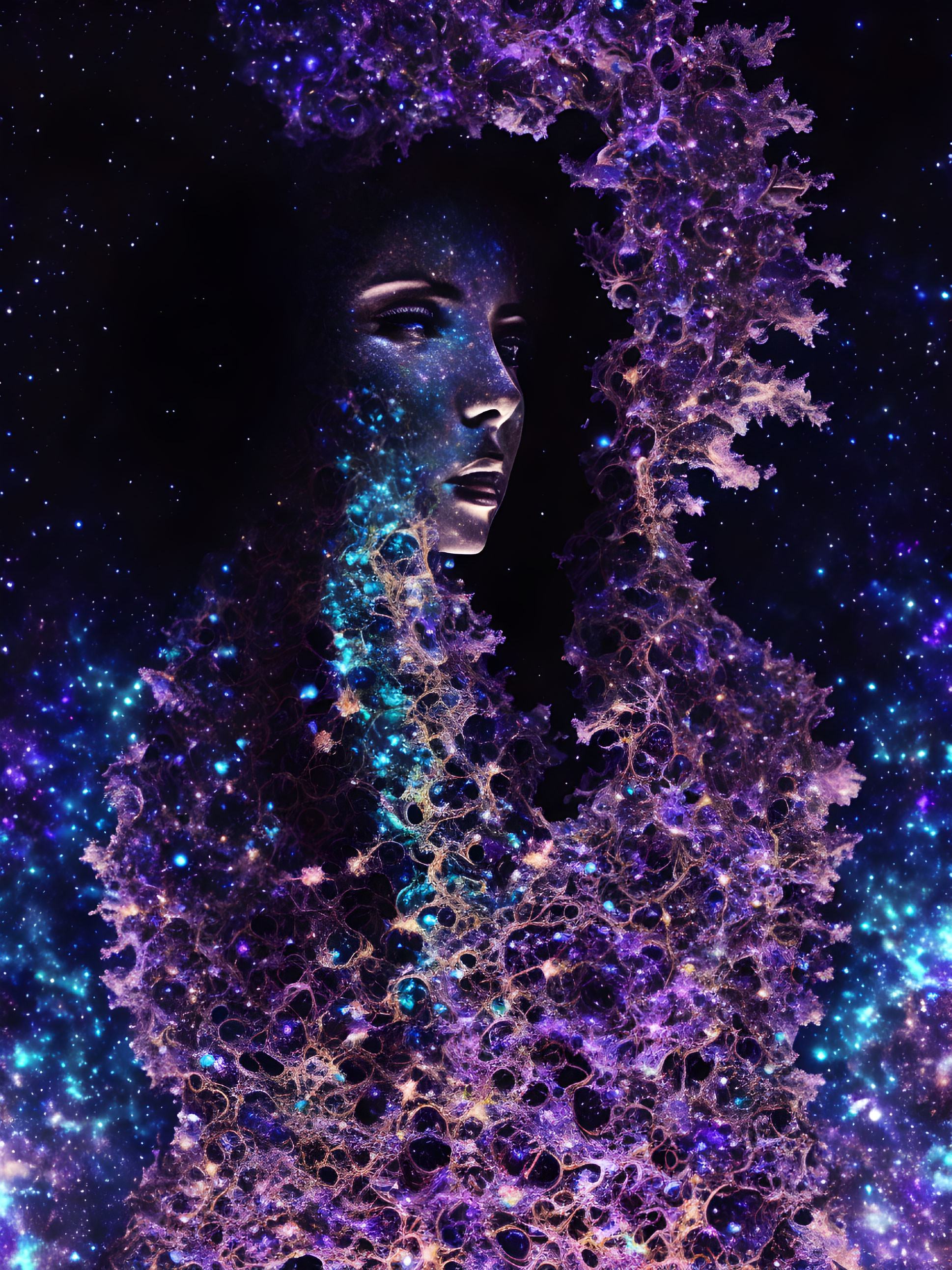 Surreal portrait of woman with cosmic elements