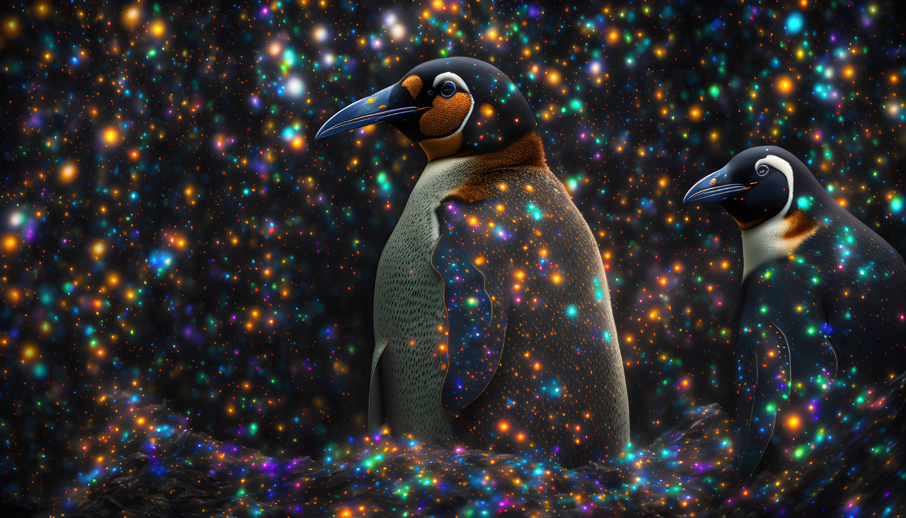 Two penguins under vibrant starry sky with cosmic lights reflecting on feathers