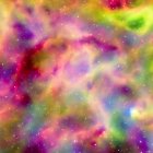 Colorful cosmic image with pink, purple, and green hues and sparkling stars.