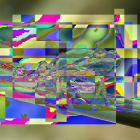 Colorful Glitch Art Frog Amid Pixelated Squares and Green Leaves