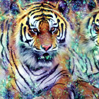 Abstract artwork of two fierce tigers in vibrant colors