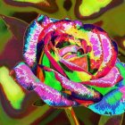 Multicolored rose with iridescent petals and sparkly green and pink foliage.