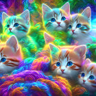 Vibrant illustration of kittens with blue eyes in rainbow threads