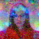 Colorful digital artwork: Person with glowing hair and sunglasses on neon background