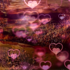 Warm-colored abstract blur with translucent pink and red hearts, evoking a romantic ambiance.