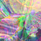 Surreal portrait of a woman with vibrant iridescent light pattern