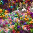 Two Cats with Green Eyes Reading Book Among Colorful Flowers