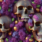 Ornate Golden Masks with Purple Roses and Green Leaves