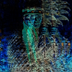 Colorful digital artwork featuring person in tribal attire against starry background