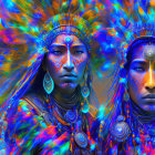 Vibrant individuals in feather headdresses and tribal jewelry with colorful backdrop