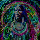 Indigenous woman in traditional attire blending with cosmic background