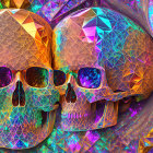 Digital artwork: Two golden skulls surrounded by colorful gemstones