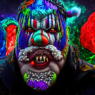 Menacing clown with intricate face paint against swirling background