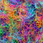 Ethereal faces merge in vibrant cosmic swirl