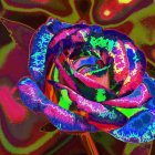 Multicolored rose with pink, green, blue, and purple hues on dark background