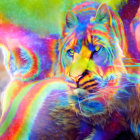 Two lions with cosmic backdrop and vibrant swirling colors, one playing guitar