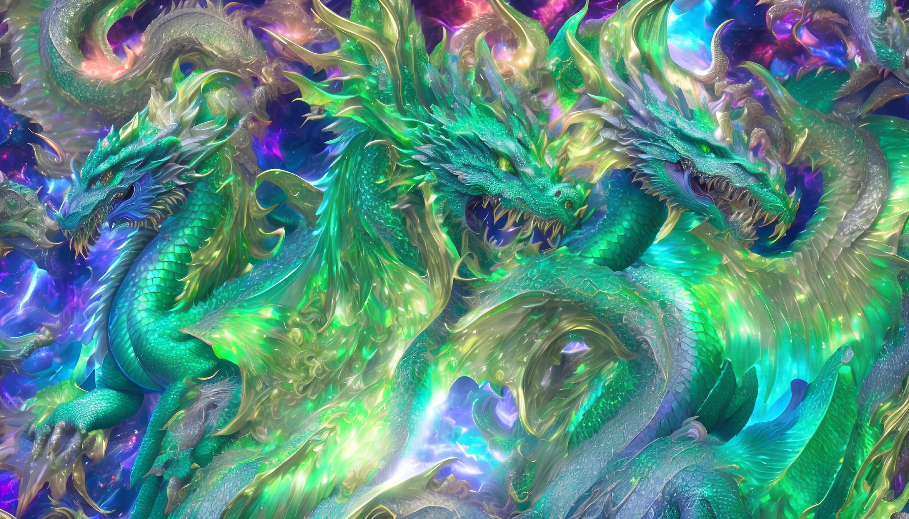 Vibrant digital art of intertwined emerald dragons in cosmic setting