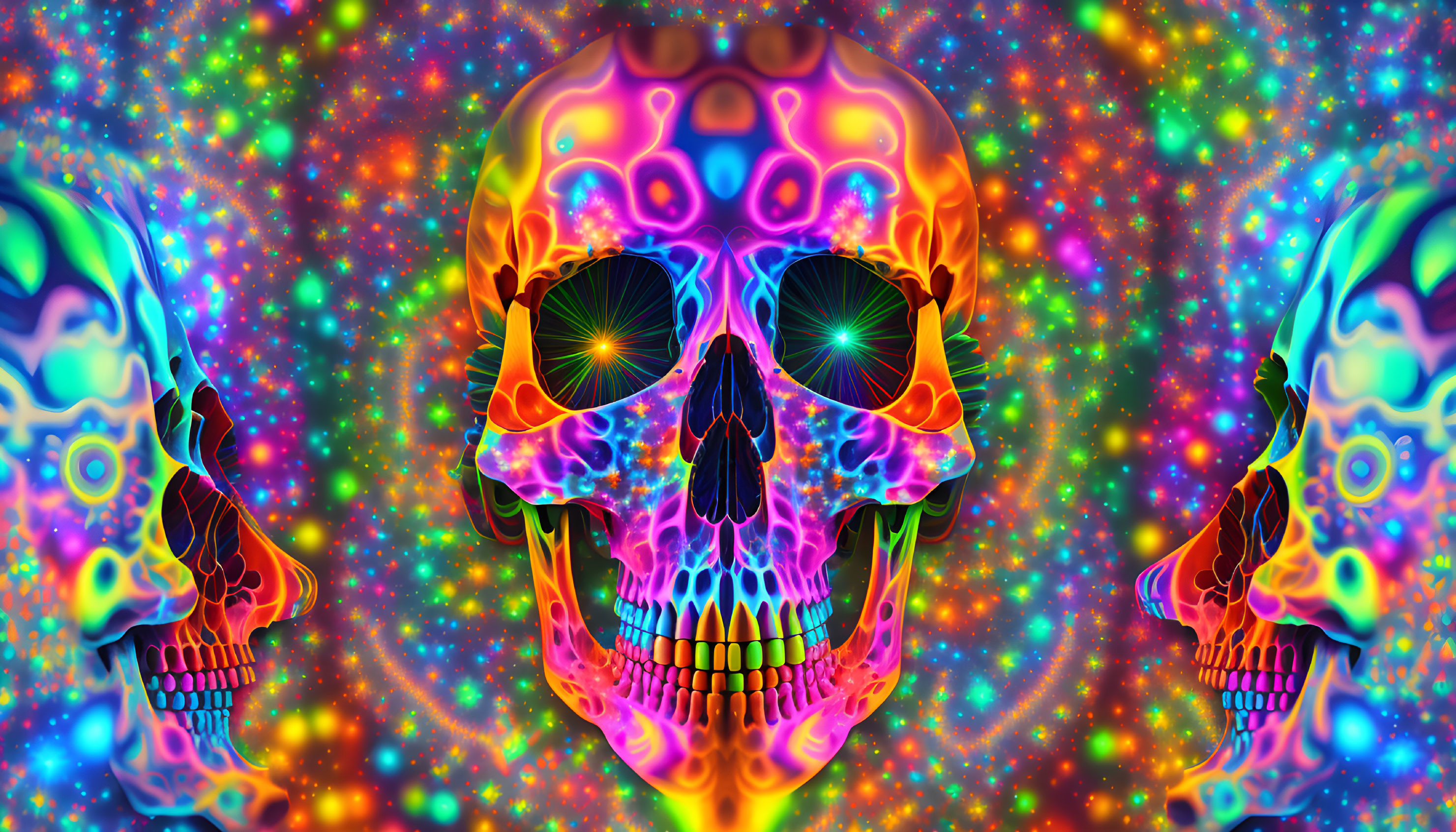 Colorful digital artwork: Three skulls with psychedelic patterns on cosmic tie-dye background