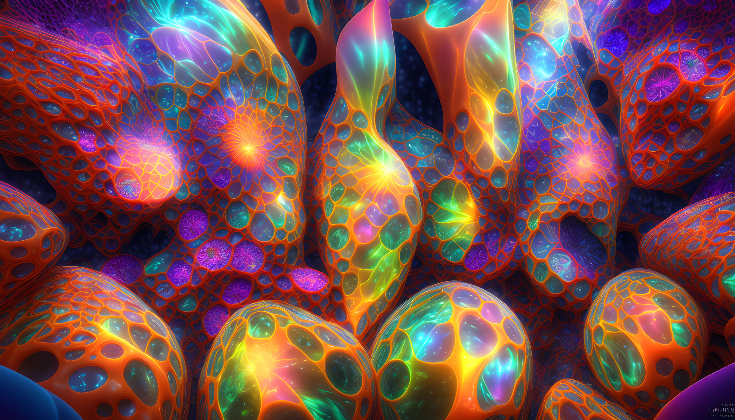 Psychedelic digital art: Vibrant luminescent structures in blue, orange, and purple