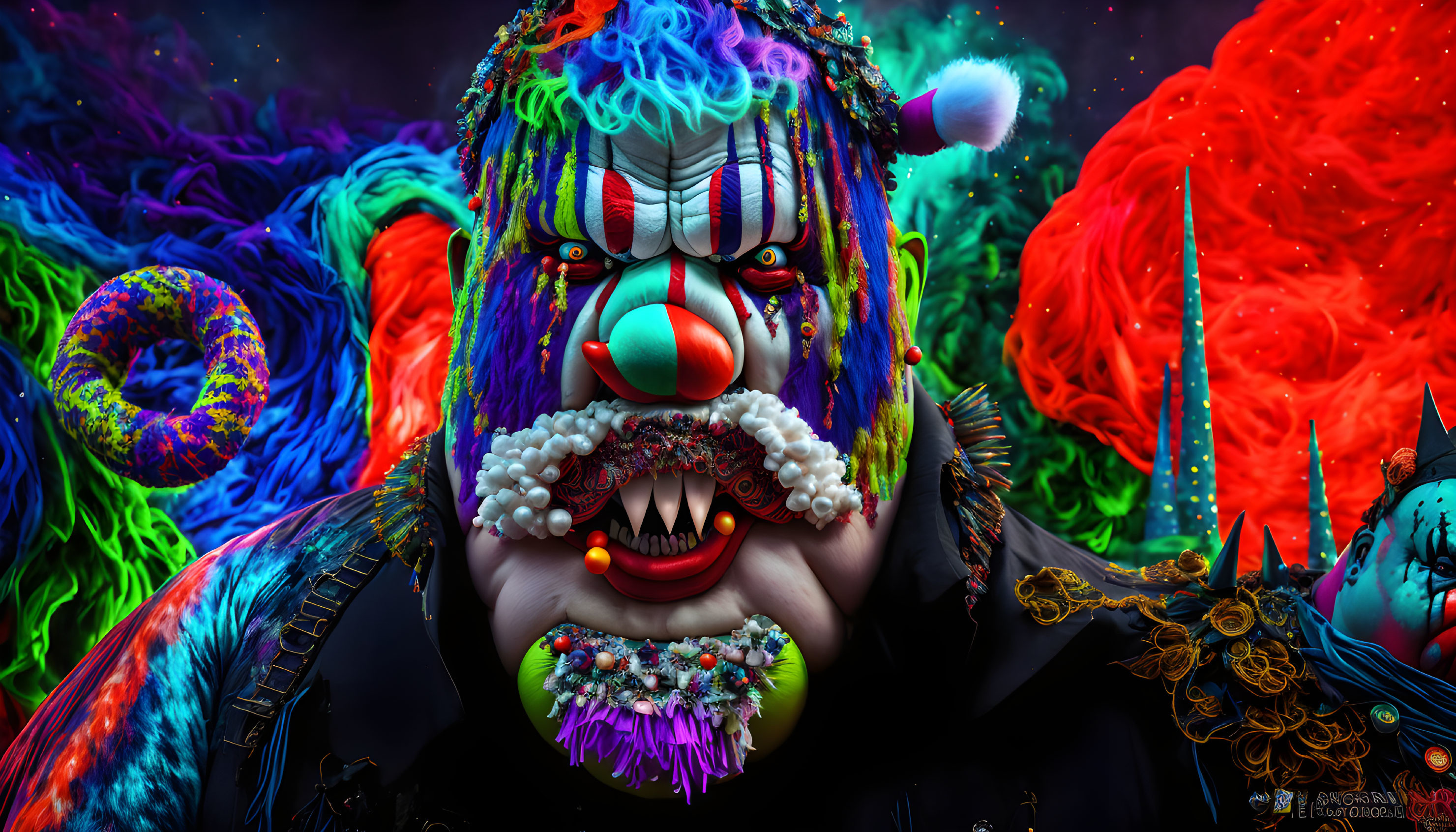 Menacing clown with intricate face paint against swirling background