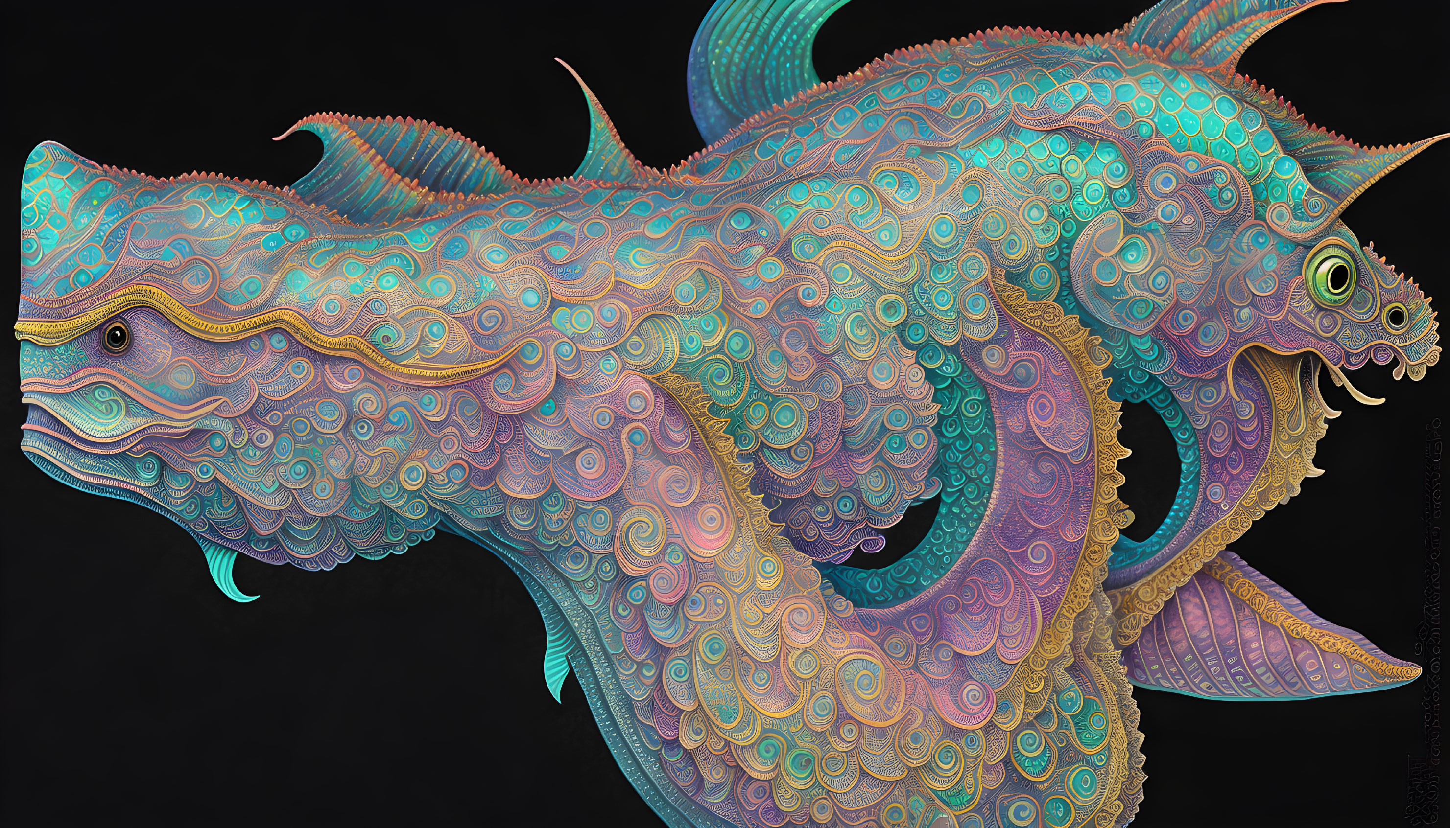 Colorful Patterned Fantastical Fish Swimming in Dark Background