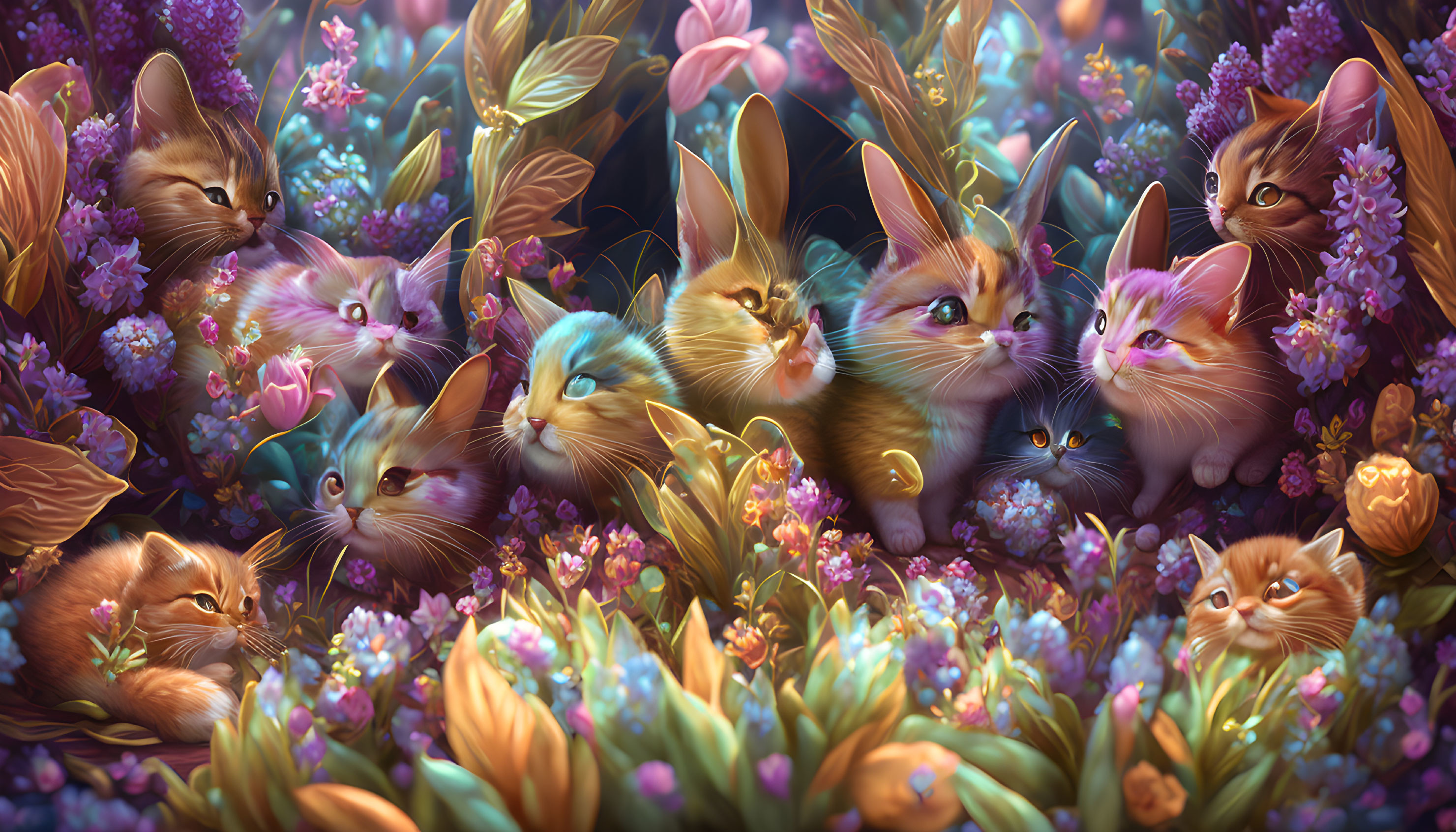 Whimsical cats in vibrant floral scene