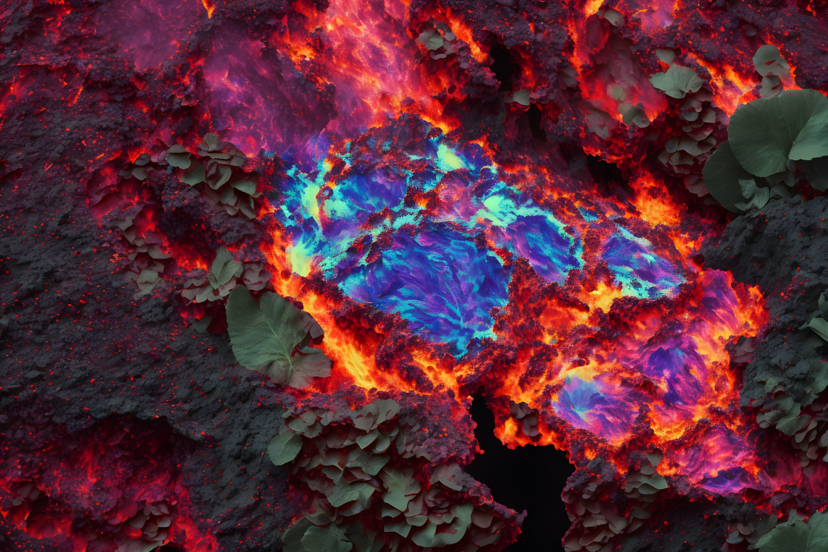 Erupting lava thermal image with vivid blues and reds