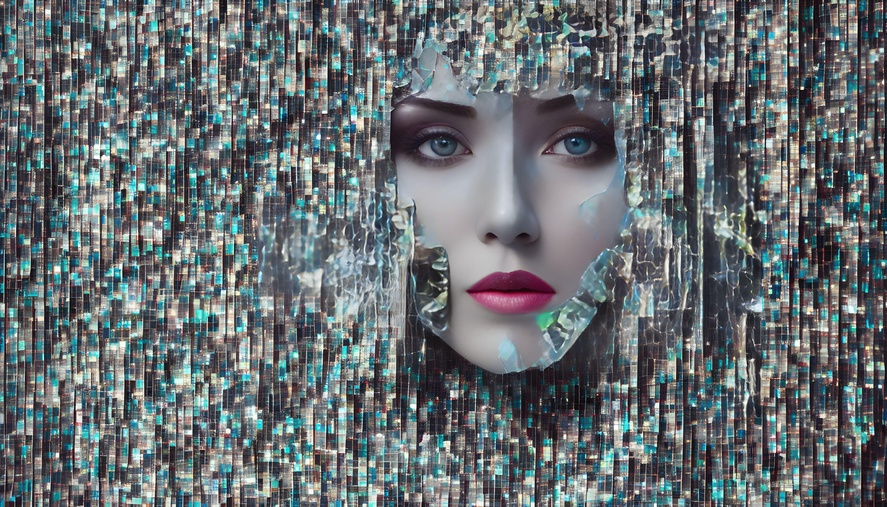 Digital Art: Woman's Face Fragmented by Pixelated Curtain