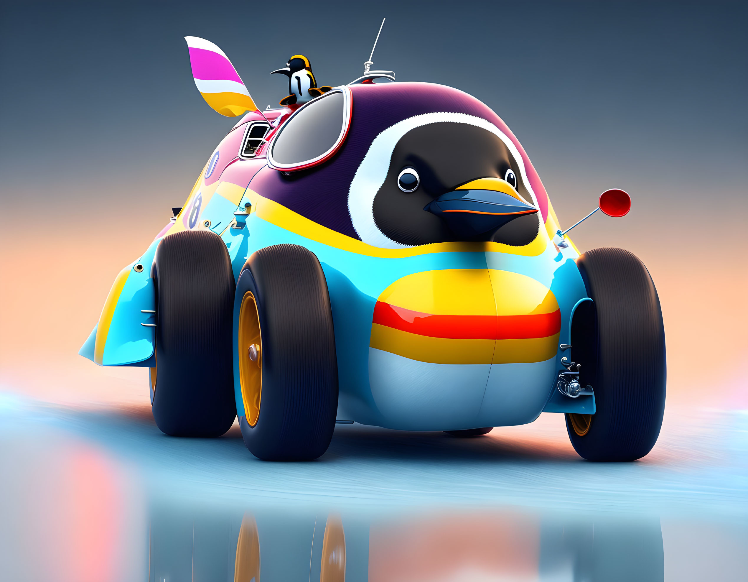 Cartoon Penguin in Racing Car with Exaggerated Wheels